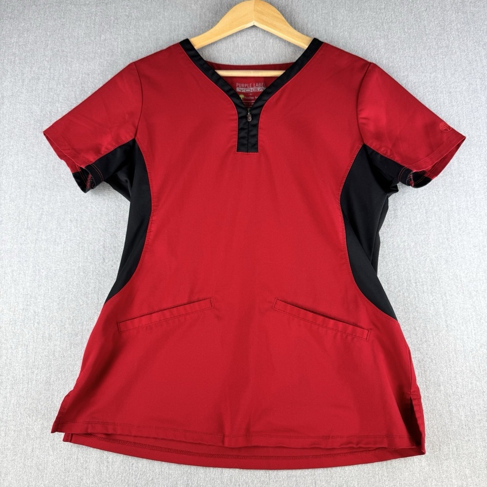Healing Hands Yoga Scrub Top Womens Medium Red Black‎ Stretch Medical